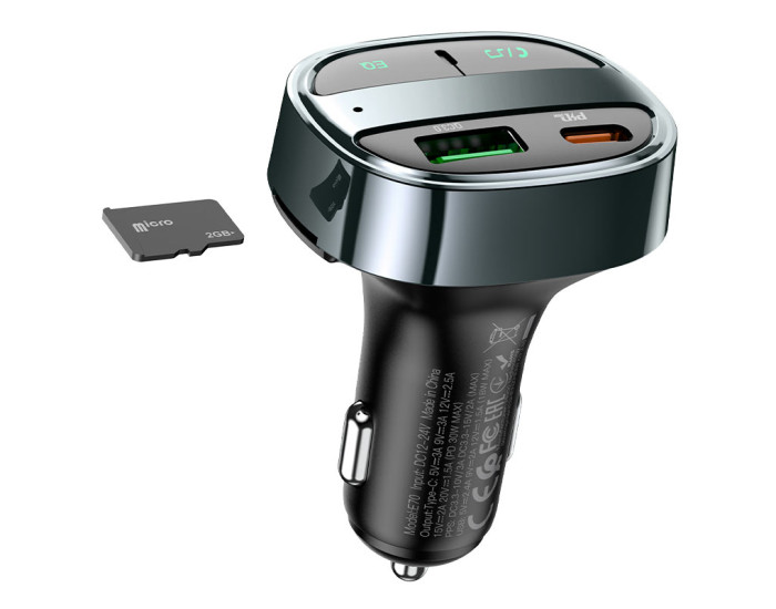 Автомобільний FM-Модулятор Hoco E70 (1USB/1PD/QC/PD30W/BT5.0) (Чорний / Black)