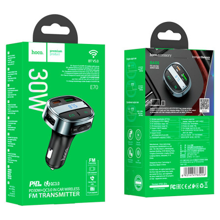Автомобильный FM-Модулятор Hoco E70 (1USB/1PD/QC/PD30W/BT5.0) (Черный / Black)