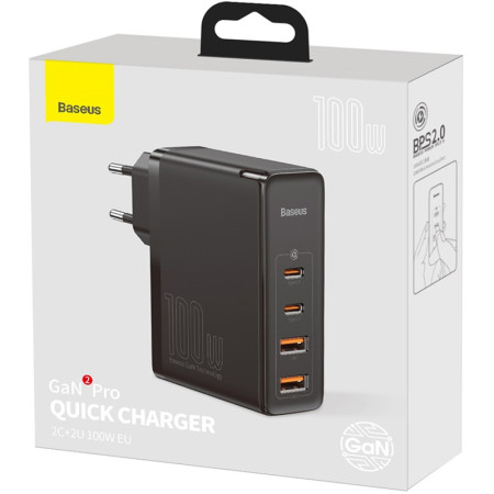 Сетевое зарядное устройство 2USB + 2Type-C Baseus GaN2 Quick Charger 100W (CCGAN2P-L01) (Черный/Black) (Класс B)