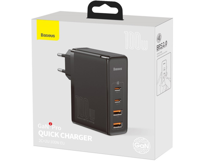 Мережеве зарядний пристрій 2USB + 2Type-C Baseus GaN2 Quick Charger 100W (CCGAN2P-L01) (Черный/Black)