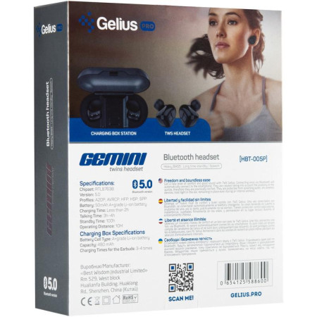 Беспроводные наушники Bluetooth Headset Gelius Pro Twins Gemini HBT-005P (Черный / Black)