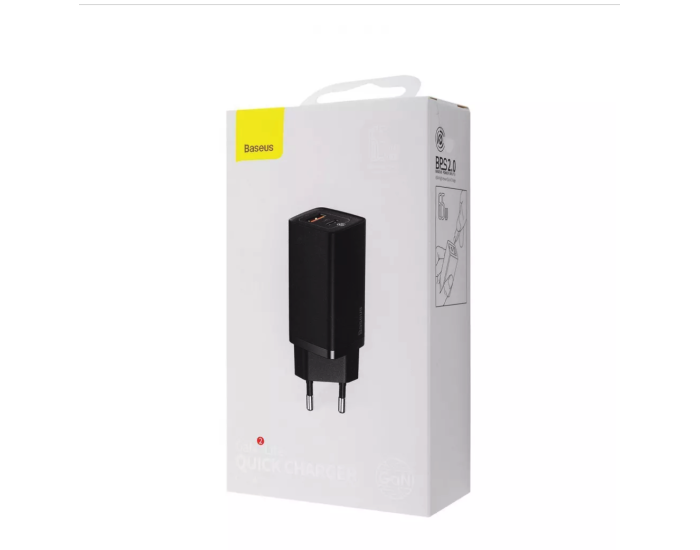 Мережеве зарядний пристрій Baseus GaN2 Lite Quick Charger C+U 65W EU (CCGAN2L-B01) (Чорний  Black)