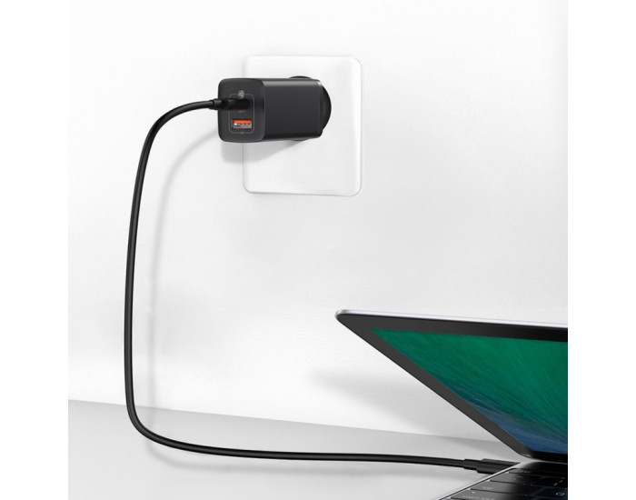 Мережеве зарядний пристрій 1USB + Type-C Baseus GaN Lite 65W (CCGAN2L-B01) (Чорний  Black)