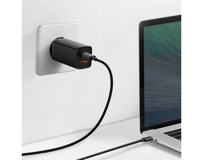 Мережеве зарядний пристрій 1USB + Type-C Baseus GaN Lite 65W (CCGAN2L-B01) (Чорний  Black)