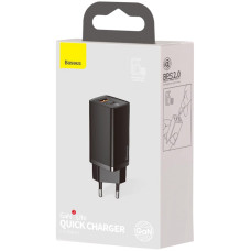 Мережеве зарядний пристрій 1USB + Type-C Baseus GaN Lite 65W (CCGAN2L-B01) (Чорний  Black)