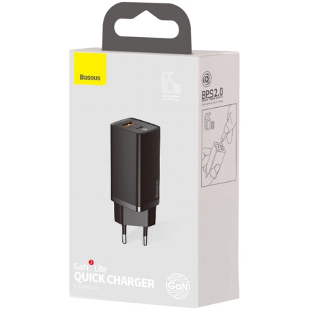 Сетевое зарядное устройство 1USB + Type-C Baseus GaN Lite 65W (CCGAN2L-B01) (Черный \ Black)