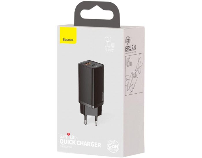 Мережеве зарядний пристрій 1USB + Type-C Baseus GaN Lite 65W (CCGAN2L-B01) (Чорний  Black)