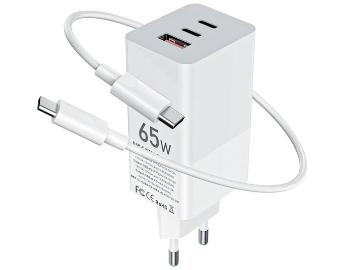 Мережеве зарядний пристрій 2Type-C+1 USB Gelius Nimble GaN 65W (GP-HC051) з кабелем Type-C to Type-C White