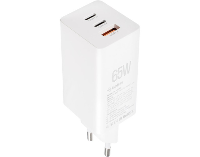Мережеве зарядний пристрій 2Type-C+1 USB Gelius Nimble GaN 65W (GP-HC051) з кабелем Type-C to Type-C White