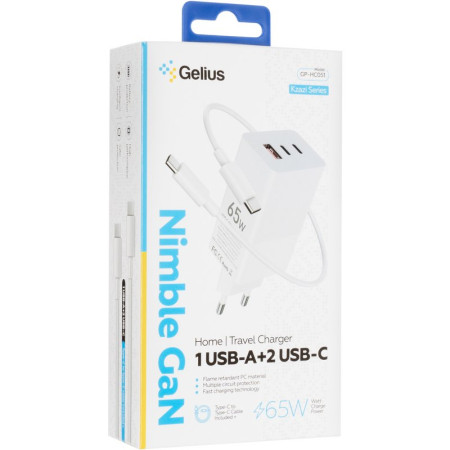 Сетевое зарядное устройство 2Type-C+1 USB Gelius Nimble GaN 65W (GP-HC051) с кабелем Type-C to Type-C White