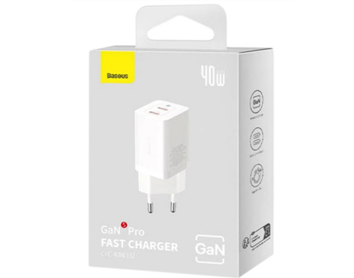 Мережеве зарядний пристрій 2Type-C Baseus GaN5 40W (CCGP180102) (Білий  White)