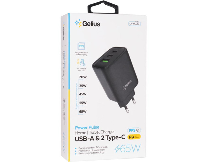 Мережеве зарядний пристрій Gelius Power Pulse 65W GP-HC057 USB+2Type-C (QC/PD/PPS) Black