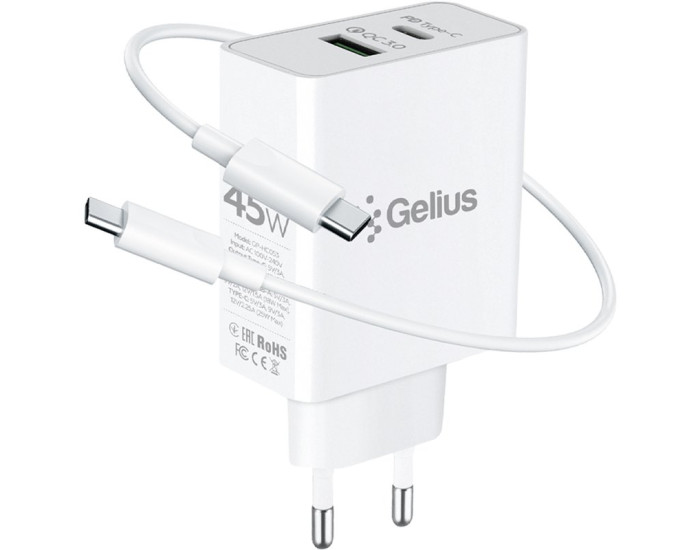 Мережеве зарядний пристрій Gelius X-Duo PRO (GP-HC053) з кабелем (Type-C/Type-C) (45W) Білий