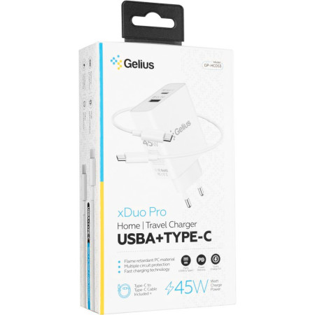 Сетевое зарядное устройство Gelius X-Duo PRO (GP-HC053) с кабелем (Type-C/Type-C) (45W) Белый