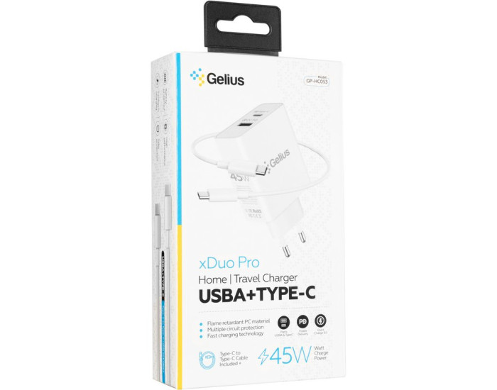 Мережеве зарядний пристрій Gelius X-Duo PRO (GP-HC053) з кабелем (Type-C/Type-C) (45W) Білий