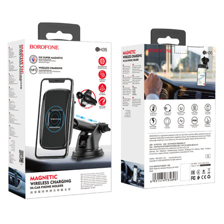 Автодержатель магнитный с безпроводной зарядкой Borofone BH35 (Wireless Charger) (Черный / Black)