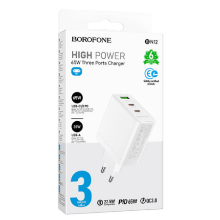 Сетевое зарядное устройство Borofone BN12 Manager (PD65W+QC3.0) (30W USB-A / 65W 2USB-C) Белый