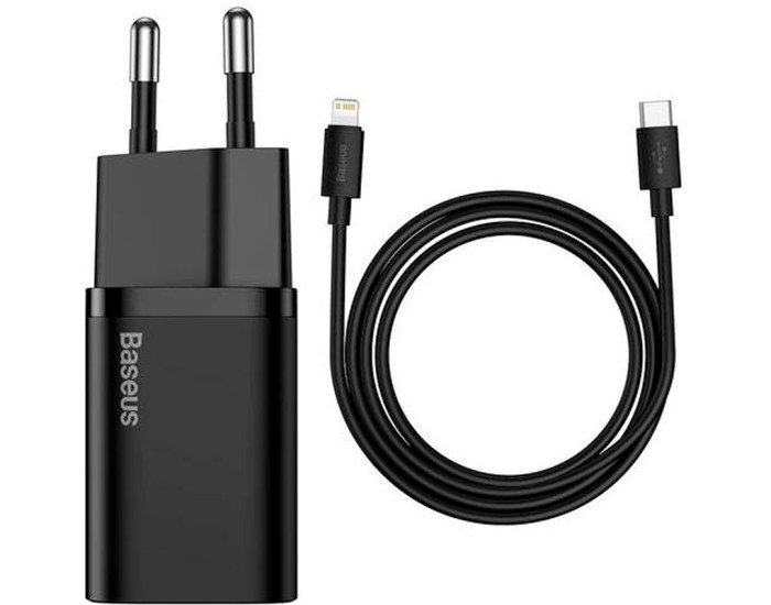 Мережеве зарядний пристрій Baseus 1Type-C Super Si 20W з кабелем Type-C to Lightning (TZCCSUP-B01) (Чорний  Black)