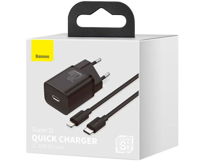 Мережеве зарядний пристрій Baseus 1Type-C Super Si 20W з кабелем Type-C to Lightning (TZCCSUP-B01) (Чорний  Black)