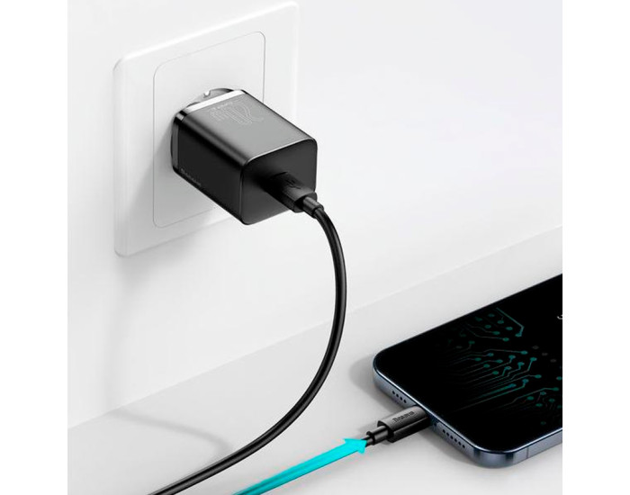 Мережеве зарядний пристрій Baseus 1Type-C Super Si 20W з кабелем Type-C to Lightning (TZCCSUP-B01) (Чорний  Black)