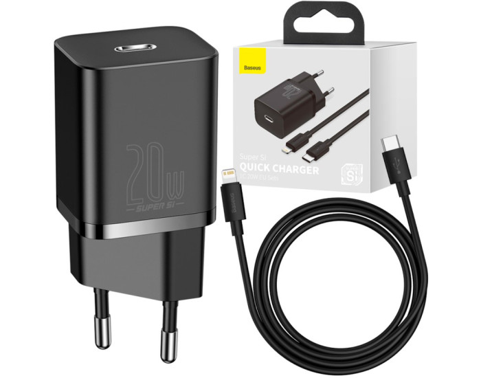 Мережеве зарядний пристрій Baseus 1Type-C Super Si 20W з кабелем Type-C to Lightning (TZCCSUP-B01) (Чорний  Black)