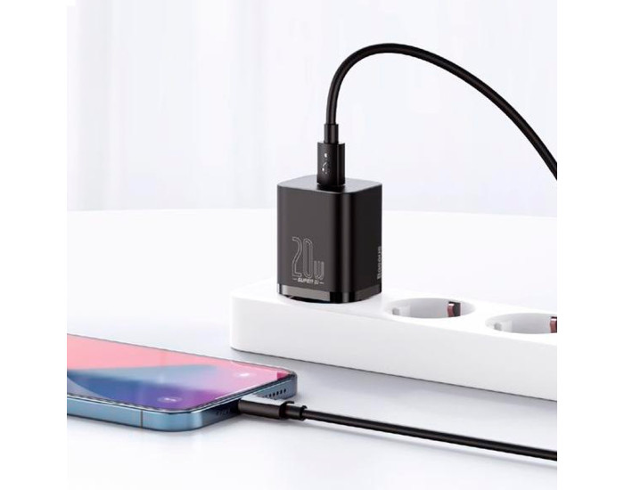 Мережеве зарядний пристрій Baseus 1Type-C Super Si 20W з кабелем Type-C to Lightning (TZCCSUP-B01) (Чорний  Black)