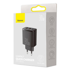 Сетевое зарядное устройство 2USB+Type-C Baseus Compact Quick Charger 30W (EUCCXJ-E01) Black (Класс А)