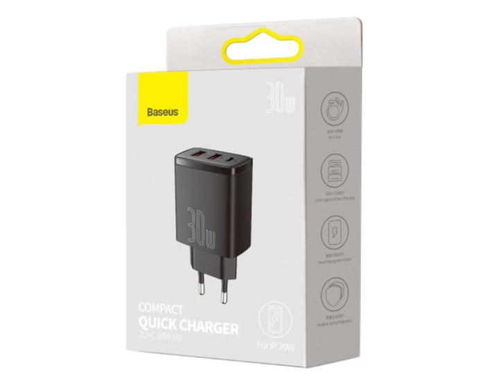 Мережеве зарядний пристрій Baseus Compact Quick Charger 30W (2USB+Type-C) (EUCCXJ-E01) Black
