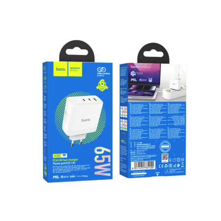 Сетевое зарядное устройство Hoco N30 Glory (GaN/65W/1USB-A/USB-C/USB-C) (Белый / White)