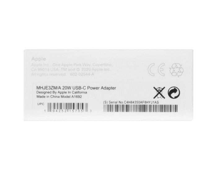Мережеве зарядний пристрій 99% Original Charger Type-C 20W (MU7V2ZM/A) ( box) (Білий / White)