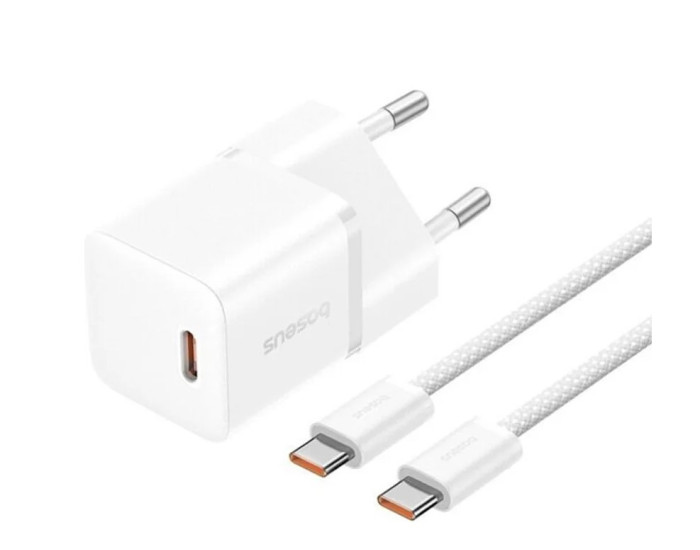Мережеве зарядний пристрій Baseus GaN5 Fast Charger (mini) 1C 20W з кабелем Type-C to Type-C (100W /1m) (P10110900213-01) White