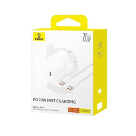 Сетевое зарядное устройство Baseus GaN5 Fast Charger (mini) 1C 20W с кабелем Type-C to Type-C (100W /1m) (P10110900213-01) White