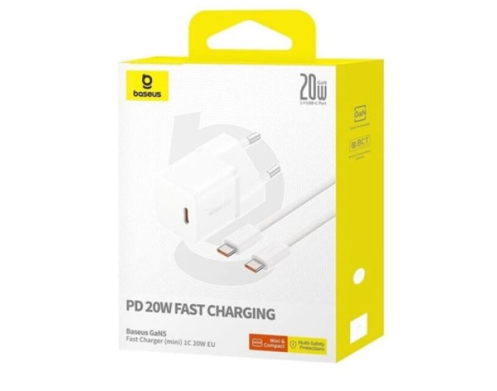Мережеве зарядний пристрій Baseus GaN5 Fast Charger (mini) 1C 20W з кабелем Type-C to Type-C (100W /1m) (P10110900213-01) White