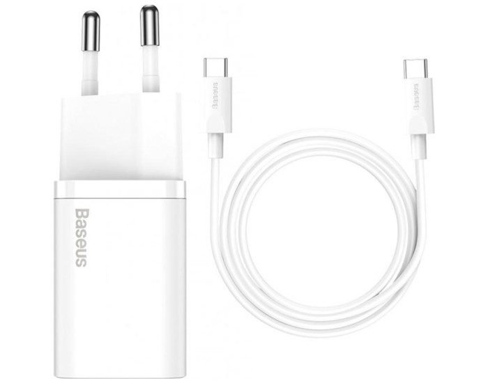 Мережеве зарядний пристрій Baseus Super Si 25W 1Type-C з кабелем Type-C toType-C (3A) 1m (Білий / White)