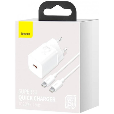 Сетевое зарядное устройство Baseus Super Si 25W 1Type-C с кабелем Type-C toType-C (3A) 1m (Белый / White)