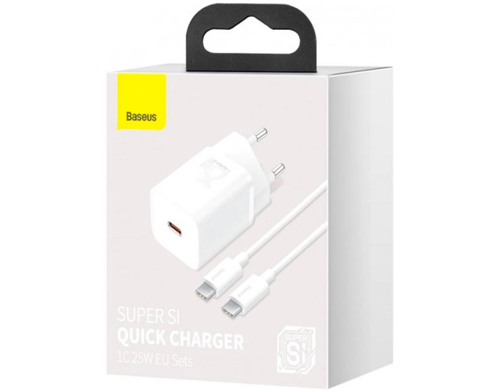 Мережеве зарядний пристрій Baseus Super Si 25W 1Type-C з кабелем Type-C toType-C (3A) 1m (Білий / White)