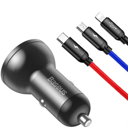Автомобильное зарядное устройство Baseus 2USB Digital Display USB 4.8A Car Charger 24W 3in1 Cable USB (TZCCBX-0G) Grey