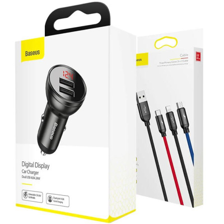 Автомобильное зарядное устройство Baseus 2USB Digital Display USB 4.8A Car Charger 24W 3in1 Cable USB (TZCCBX-0G) Grey