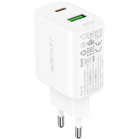 Сетевое зарядное устройство Acefast A25 PD20W (USB-C+USB-A) Dual Port White