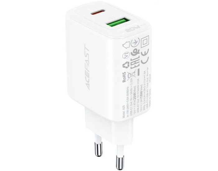 Мережеве зарядний пристрій Acefast A25 PD20W (USB-C+USB-A) Dual Port White