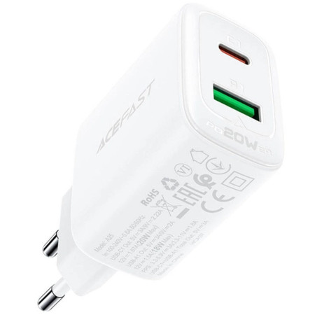 Сетевое зарядное устройство Acefast A25 PD20W (USB-C+USB-A) Dual Port White
