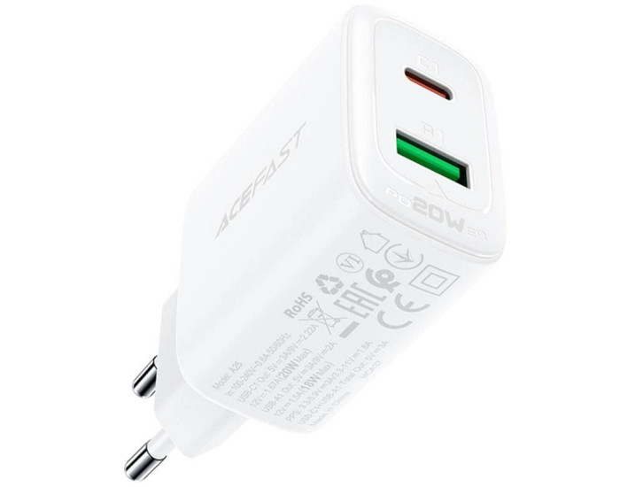 Мережеве зарядний пристрій Acefast A25 PD20W (USB-C+USB-A) Dual Port White