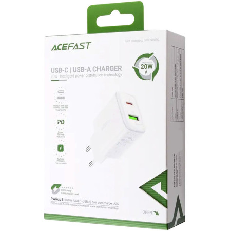 Сетевое зарядное устройство Acefast A25 PD20W (USB-C+USB-A) Dual Port White