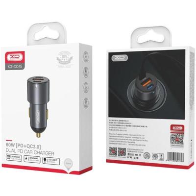 Автомобільне зарядний пристрій 1USB + 2Type-C XO (CC45) (PD30W PD+USB30W) (Чорний / Black)