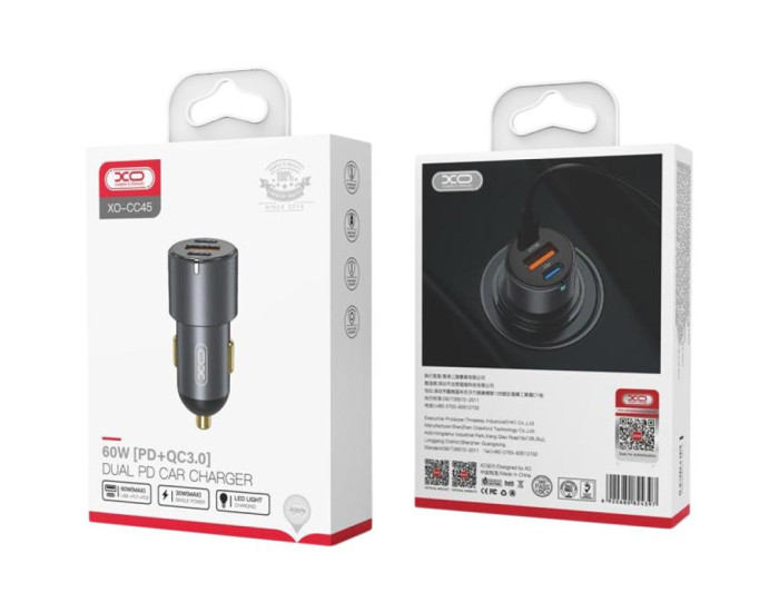 Автомобильное зарядное устройство 1USB + 2Type-C XO (CC45) (PD30W PD+USB30W) (Черный / Black)