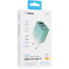 Сетевое зарядное устройство Wall charger Gelius Merge (GP-HC060) GAN USB + Type-C 30W (QC/PD/PPS) Mint