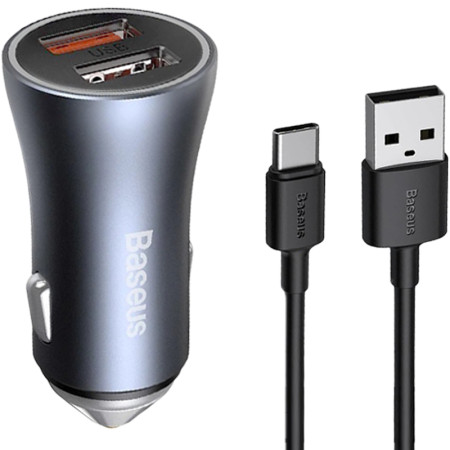 Автомобильное зарядное устройство Baseus 2USB Golden Contactor Pro 40W (TZCCJD-A0G) Dark Grey + Cable USB to Type-C 1m