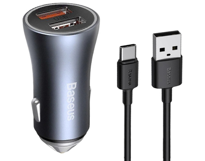 Автомобільне зарядний пристрій Baseus 2USB Golden Contactor Pro 40W (TZCCJD-A0G) Dark Grey + Cable USB to Type-C 1m