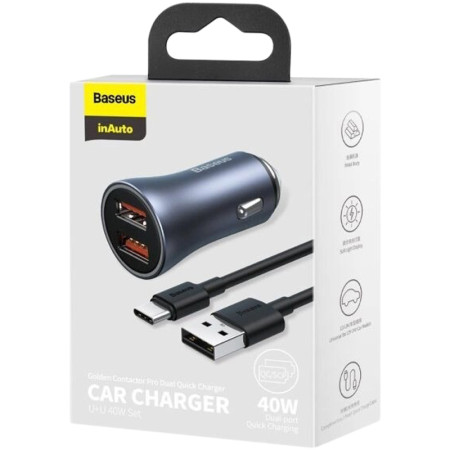Автомобильное зарядное устройство Baseus 2USB Golden Contactor Pro 40W (TZCCJD-A0G) Dark Grey + Cable USB to Type-C 1m
