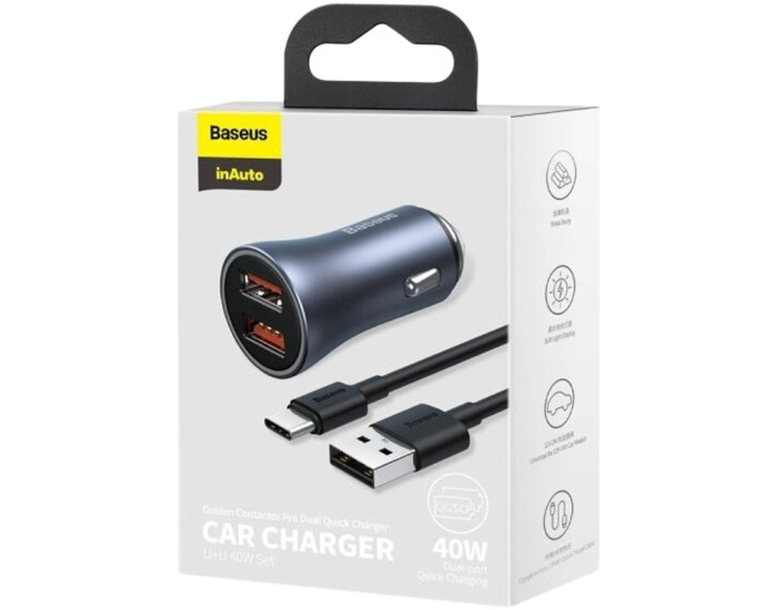 Автомобільне зарядний пристрій Baseus 2USB Golden Contactor Pro 40W (TZCCJD-A0G) Dark Grey + Cable USB to Type-C 1m